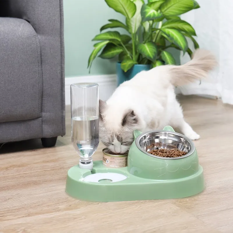 Pet Cat Bowl Automatic Feeder Water Dispenser Cat Bowl Stainless Steel Pet Bowl Feeder Protects Cervical Vertebrae Against