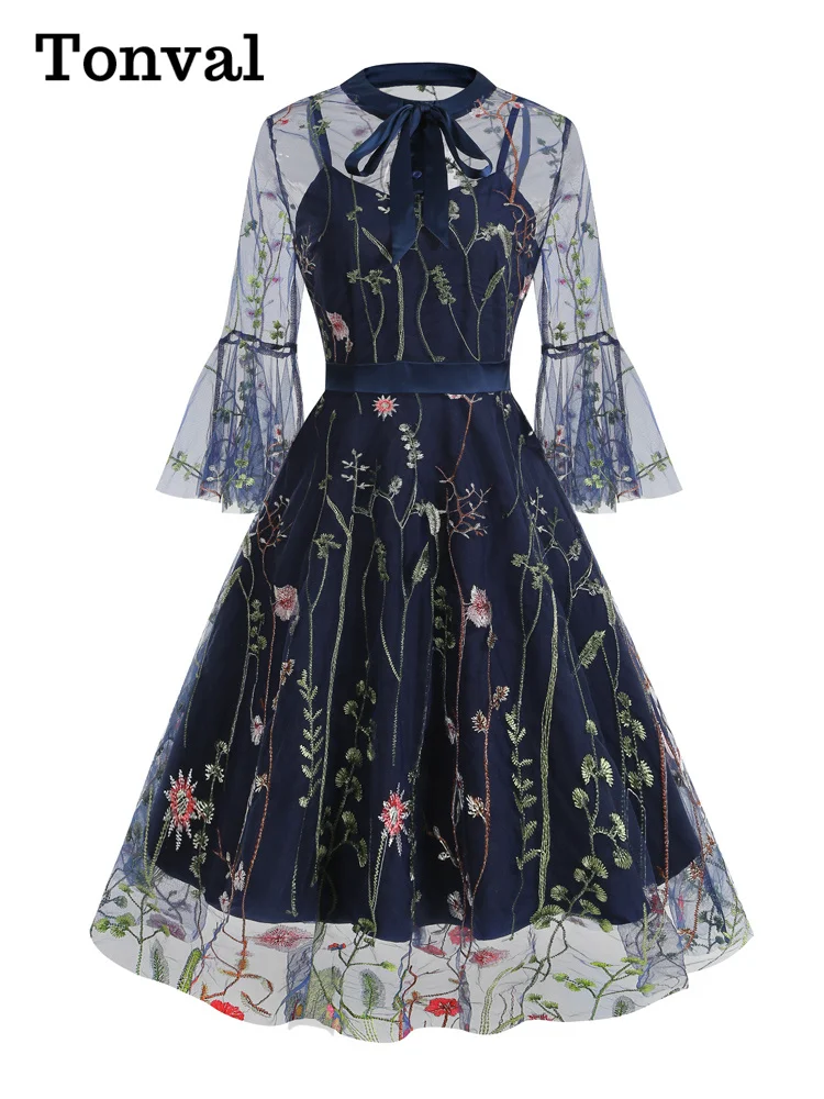 

Tonval Bow Neck Embroidered Mesh Overlay Elegant Long Dresses for Women 3/4 Length Sleeve Autumn Luxury Vintage Party Dress