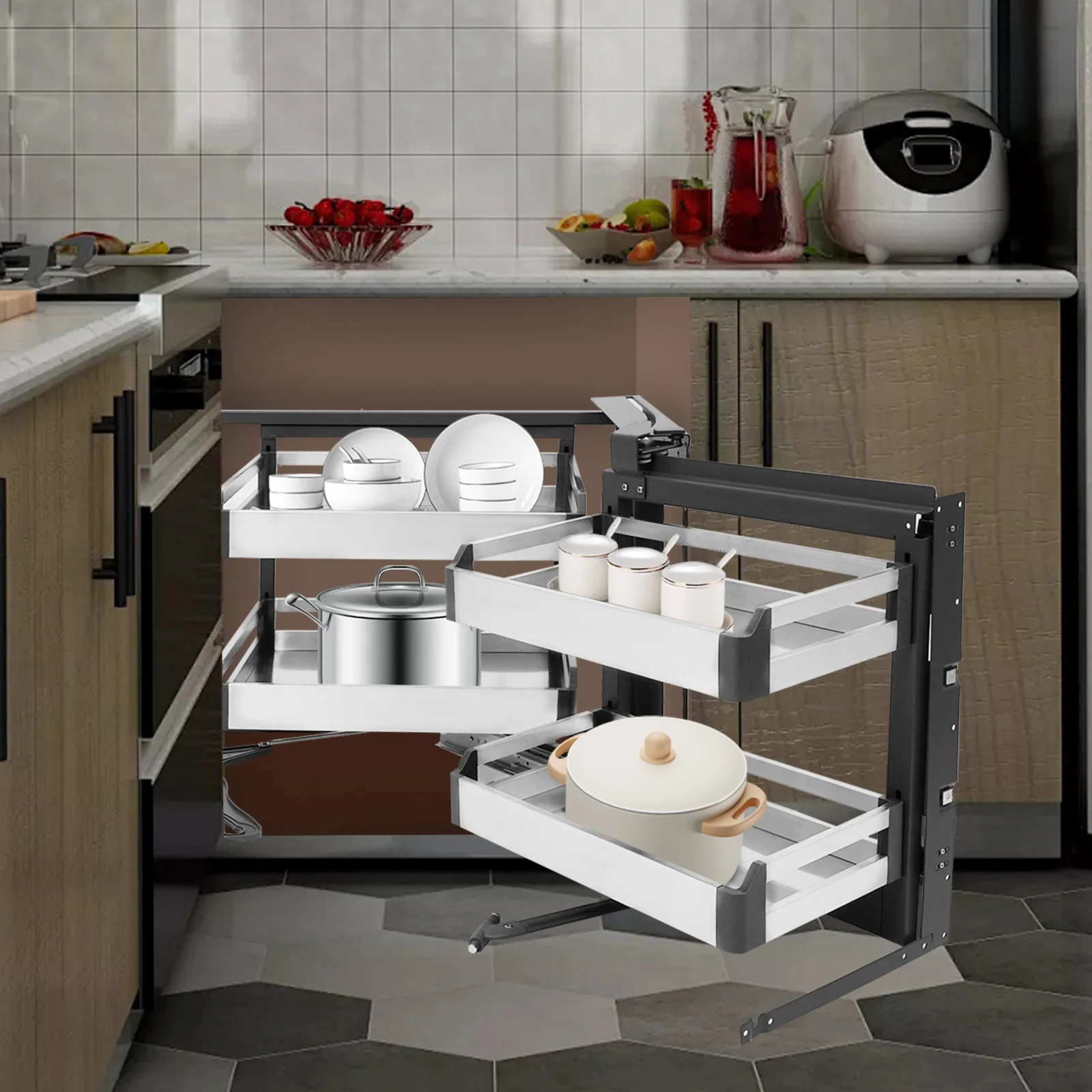 

Выдвижной угловой органайзер для кухонного шкафа, 4-уровневые выдвижные корзины для хранения в кухонном шкафу