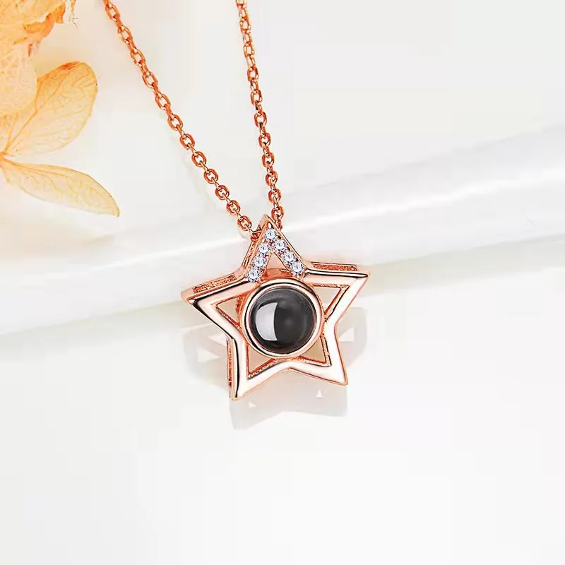 Custom Photo Projection Star Necklace Rhinestone Pentagram Pendant Personalized Micro Carving Picture Necklace Gift for Women