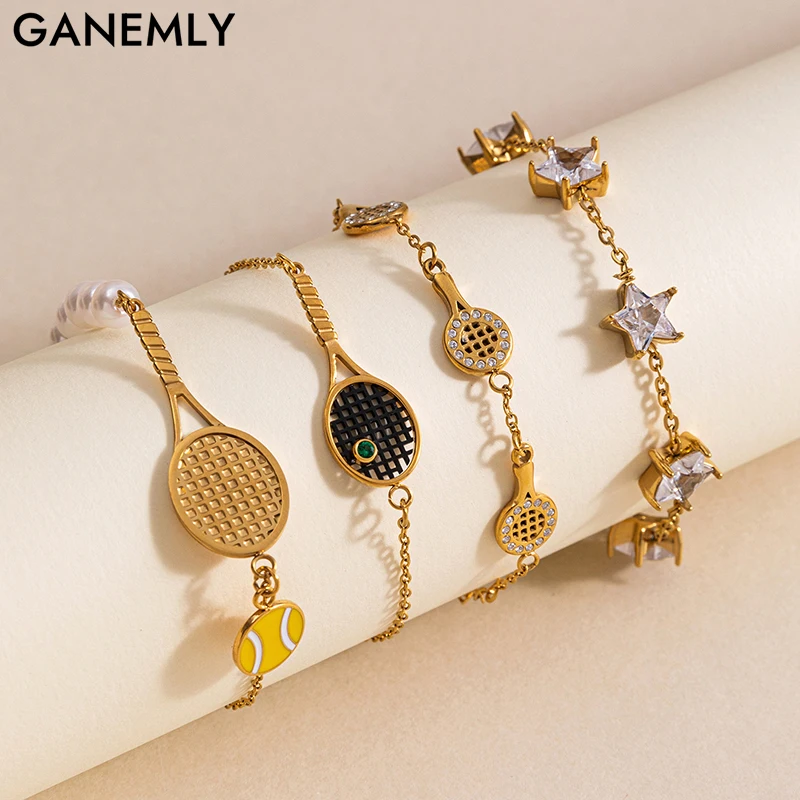 GANEMLY Sparkling Zirconia Creative Tennis Rackets Bracelet For Women Fashion Wrist Chain Stainless Steel Waterproof Jewelry Gif