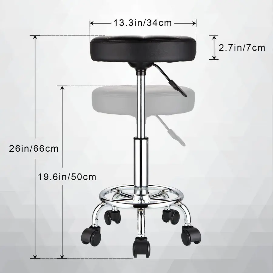 Tabouret Roulant Rond avec Roues, Réglable en Hauteur, Pivotant, pour Spa, Salon, Massage, Noir