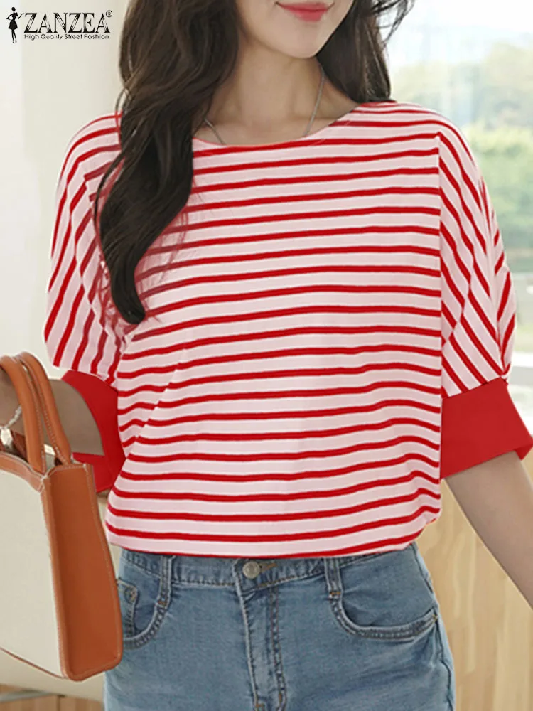 

ZANZEA Loose Casual Tunic Tops 2024 Summer Women Half Sleeve Korean Fashion T-shirts Holiday Striped Elegant O Neck Party Tees