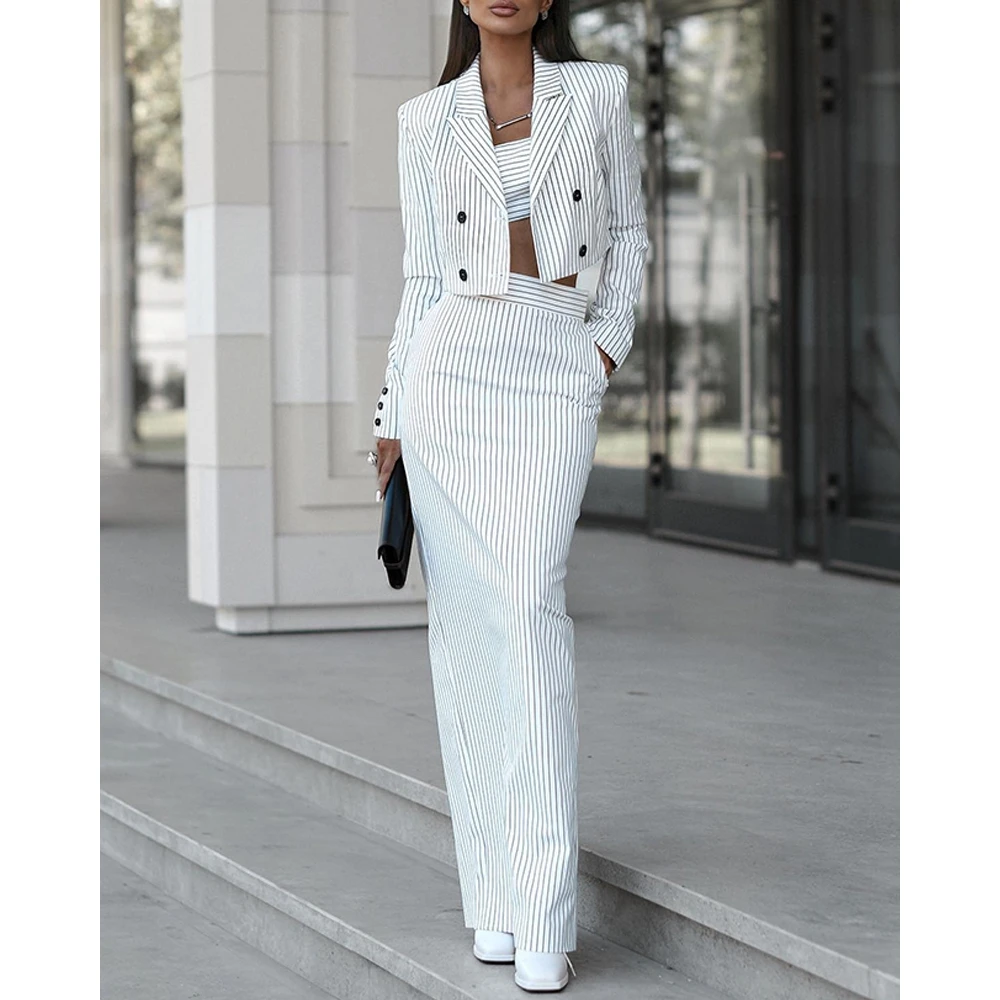 Women Nothched Collar Double Breasted Blazer Coat & High Waist Maxi Skirt Sets Female Autumn Striped Two Pieces Suit Dress Set