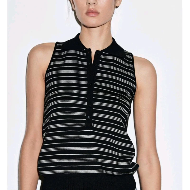 가을 신상 여성용 고지능 센싱 출퇴근용 스트라이프 폴로넥 민소매 티셔츠 탑 캐주얼 스타일 순면 폴리에스터 섬유