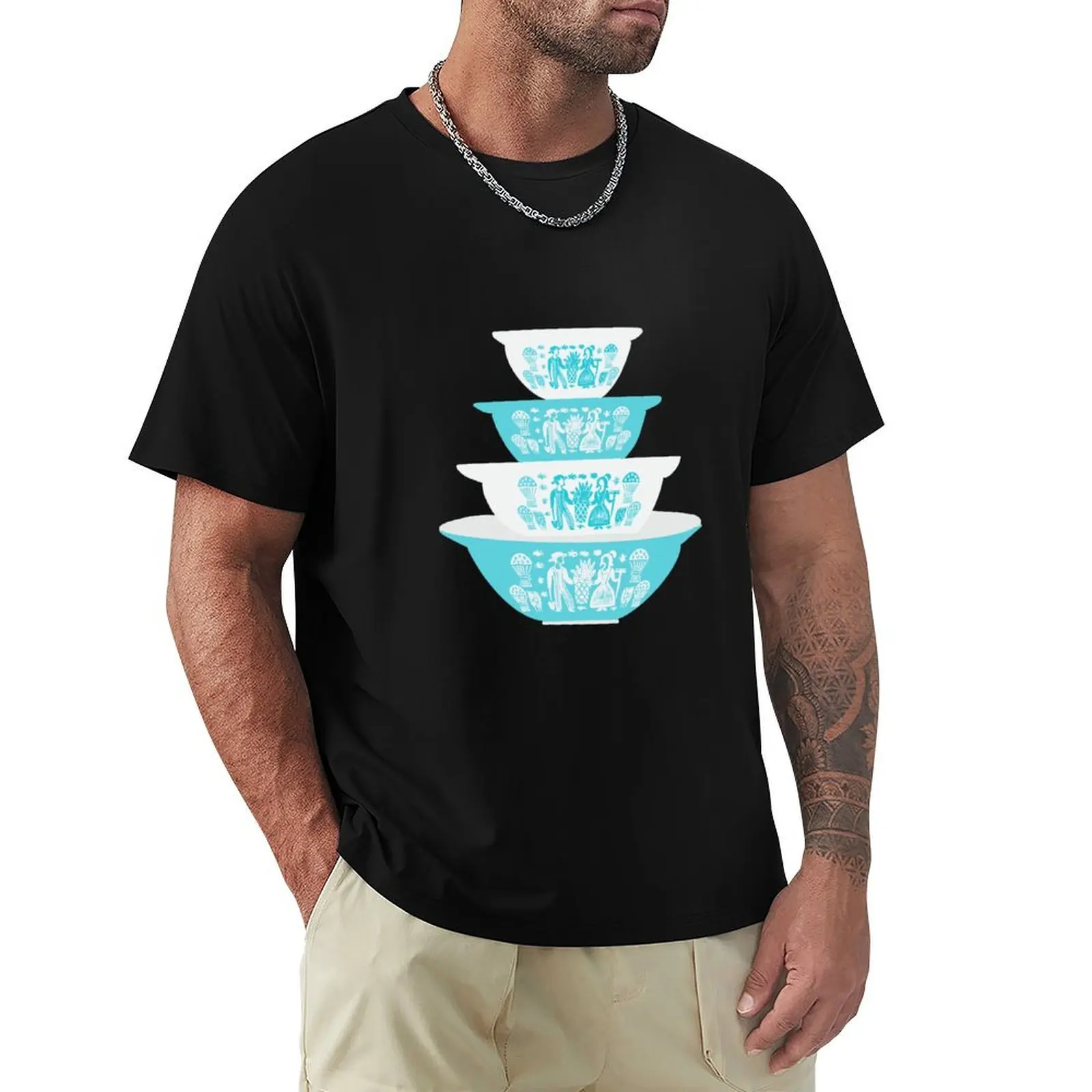 Vintage Pyrex Butterprint Turquoise Nesting Bowls T-Shirt Casual All Match Tee Shirt for Men