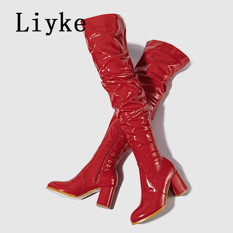 Liyke Autumn Winter White Patent Leather Over The Knee Boots Women Party Zip Thigh High Shoes Fashion Round Toe Thick Heel Pumps