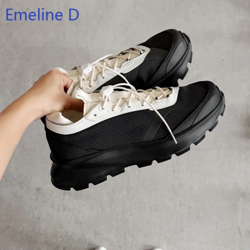 Low Top Trail Sneakers Ventilated Grid Mesh Fabric Lacing Round Toe Chunky Platform Sole Outdoor Trekking Daily Casual Shoes