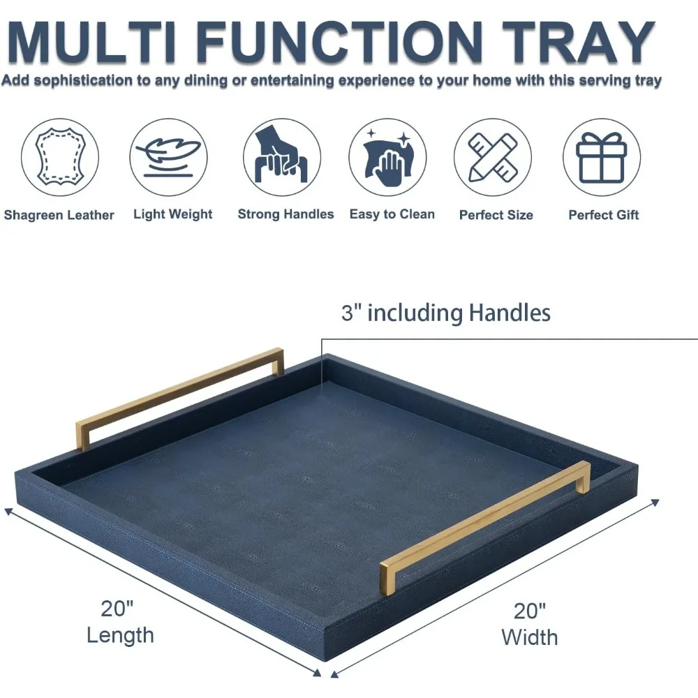 

Large Navy Blue Decorative Tray for Ottoman,Stylish Rectangle Coffee Table Tray with Handles,Versatile Serving Tray