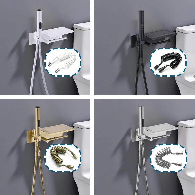 

Single Cold Portable Sprayer Toilet Bidet Set With Paper Holder Rack Embedded Hygienic Bidet Tap Shower Black White Brushed Gold