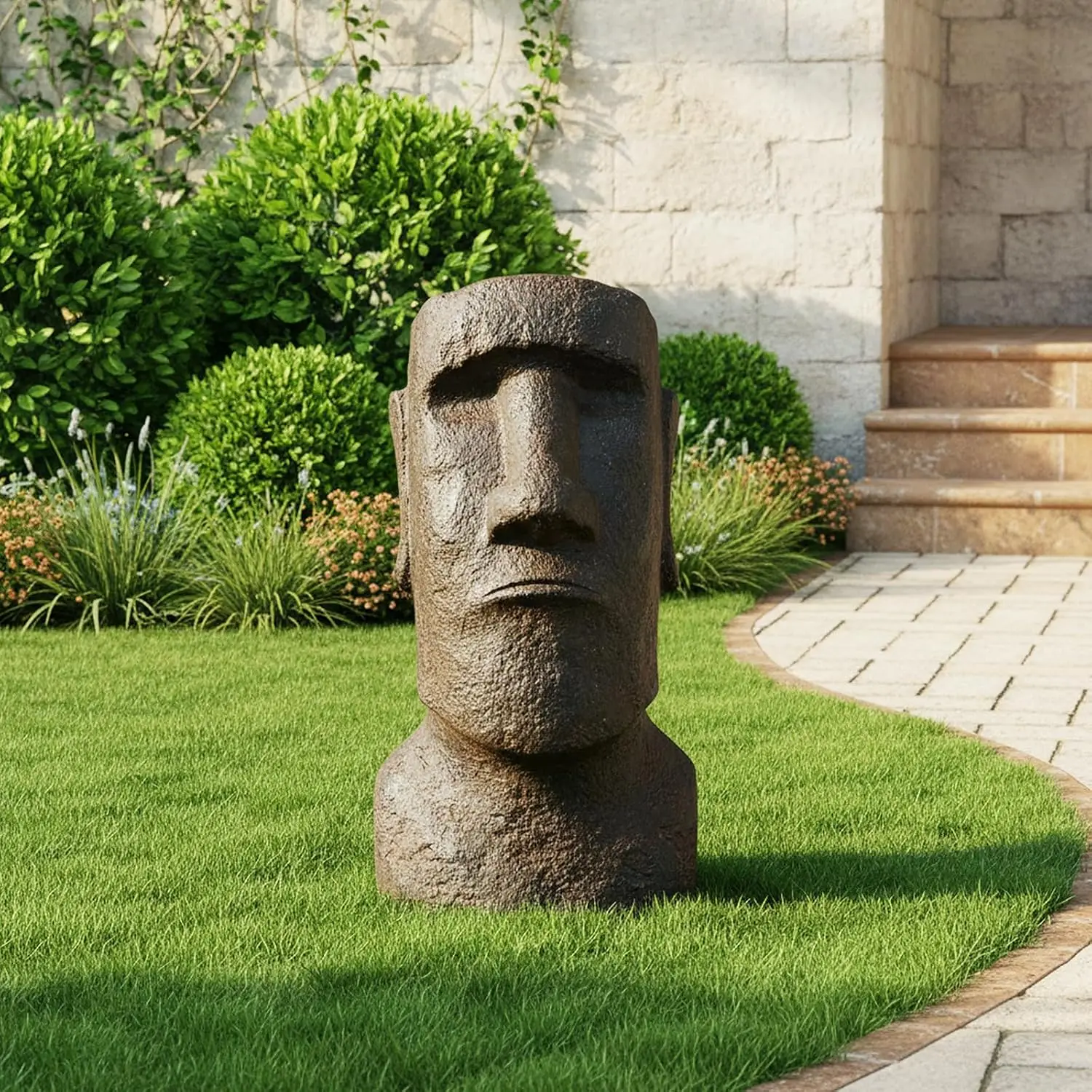 Moai Statue 14 Inch Small Easter Island Tiki Head Figurine, Mini Concrete Tiki Sculpture for Desk, Shelf, Indoor, Office, Garden