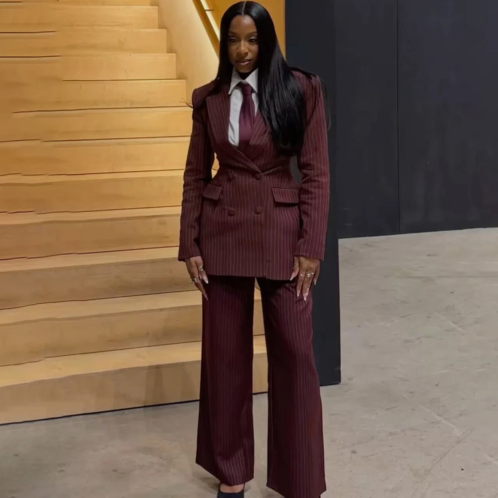 Classic Women's Burgundy Pinstripe Double Breasted Pantsuit Custom Tailored Formal Elegant Office 2 Piece Jacket+Pants Set