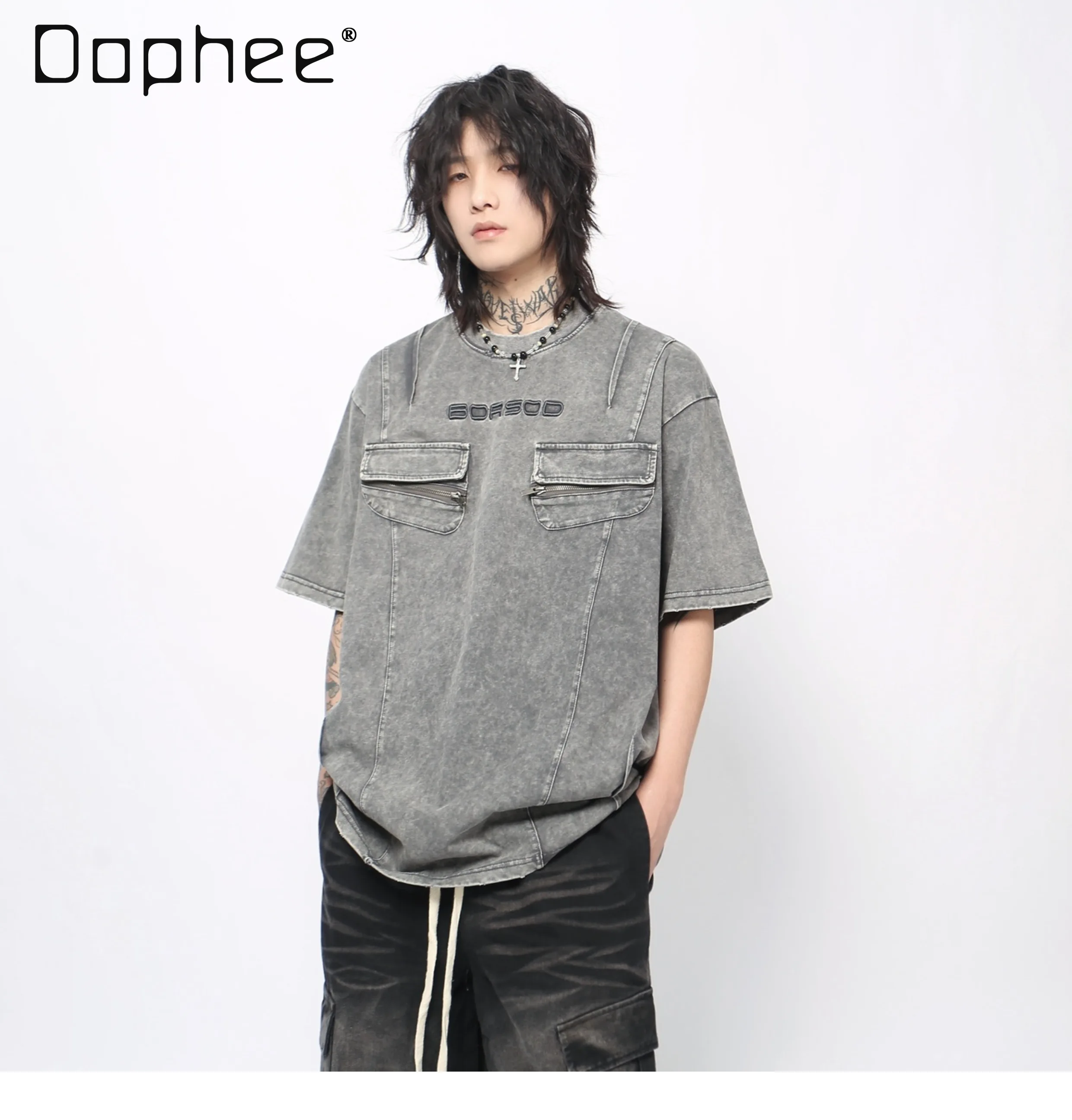 

2025 Summer New American Retro Pleated Design Workwear Black Short Sleeve Men's High Street Loose Vintage Gray T-Shirt