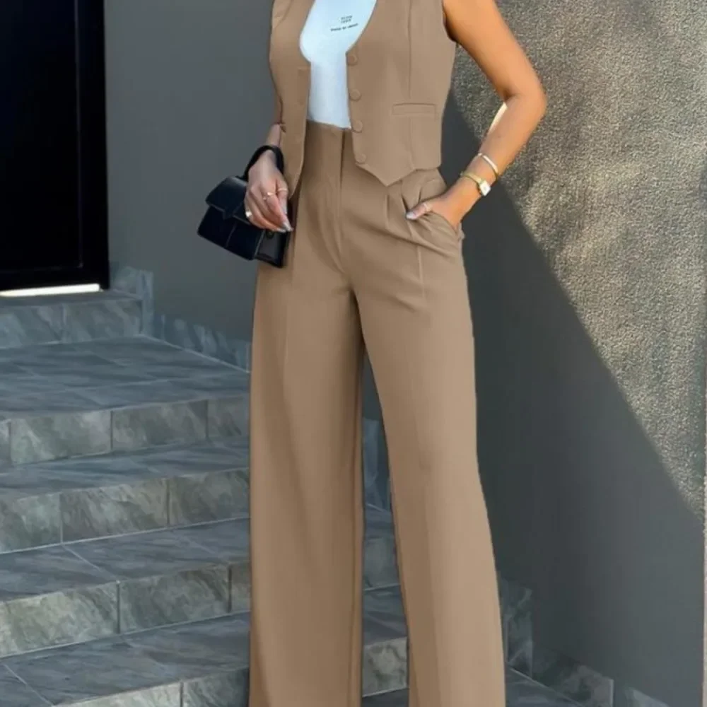 

Stylish Women Commuting Vest Tops High Waist Wide Leg Pants 2024 Spring Autumn V Neck Sleeveless Button Regular Work Pants Set
