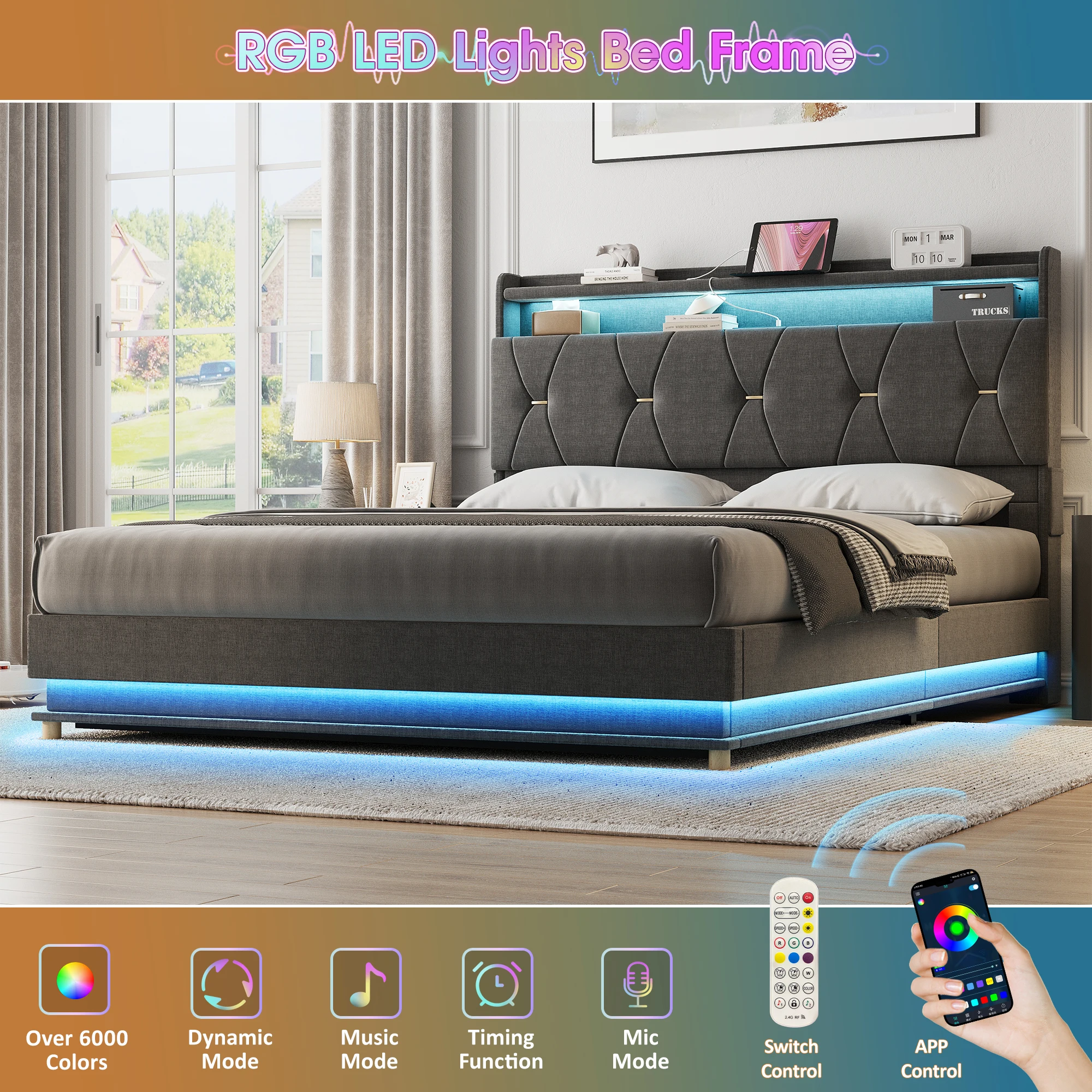 إطار سرير Vabches يرفع مع لوح أمامي للتخزين ومخرج طاقة، وإطار سرير بمنصة منجدة لأضواء LED لغرفة النوم بدون ضوضاء