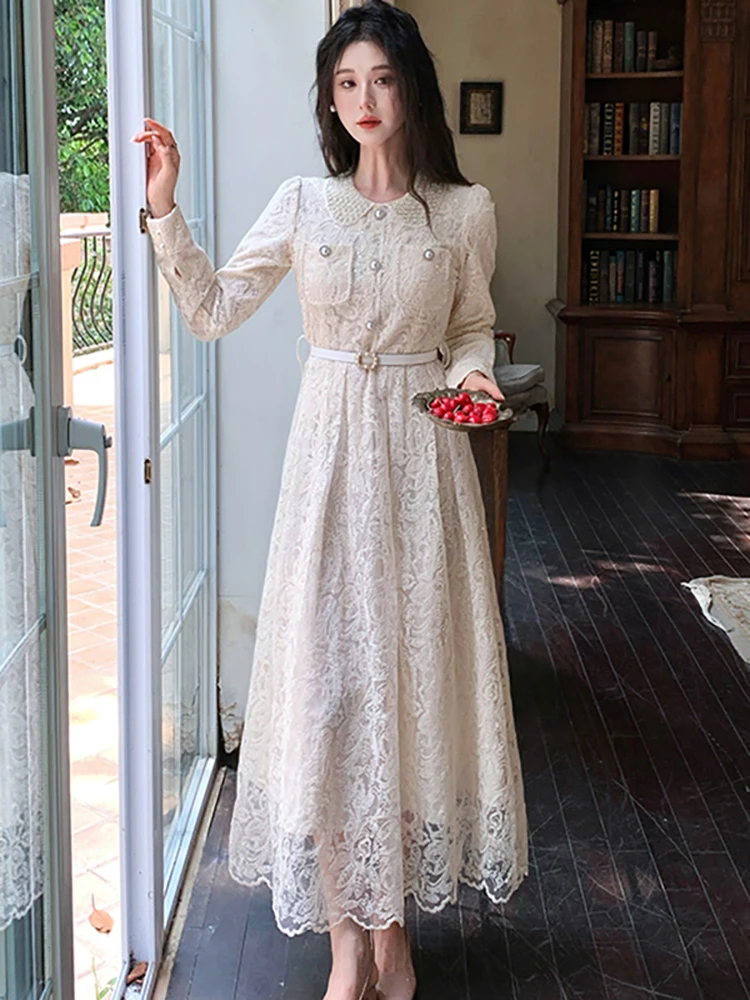 Vestido internacional de encaje Jacquard para mujer, ropa de fiesta ajustada de manga larga para otoño, vestido de fiesta de Festival de lujo coreano 2025