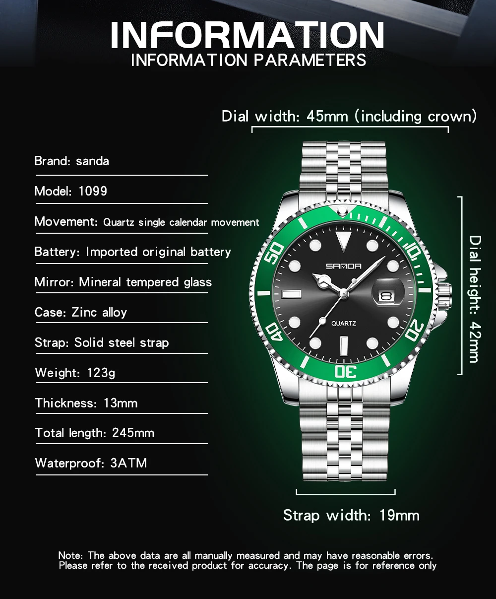 패션 산다 1099 럭셔리 5바이트 스틸 스트랩 남성용 쿼츠 시계 방수 야광 달력 비즈니스 남성용 쿼츠 시계