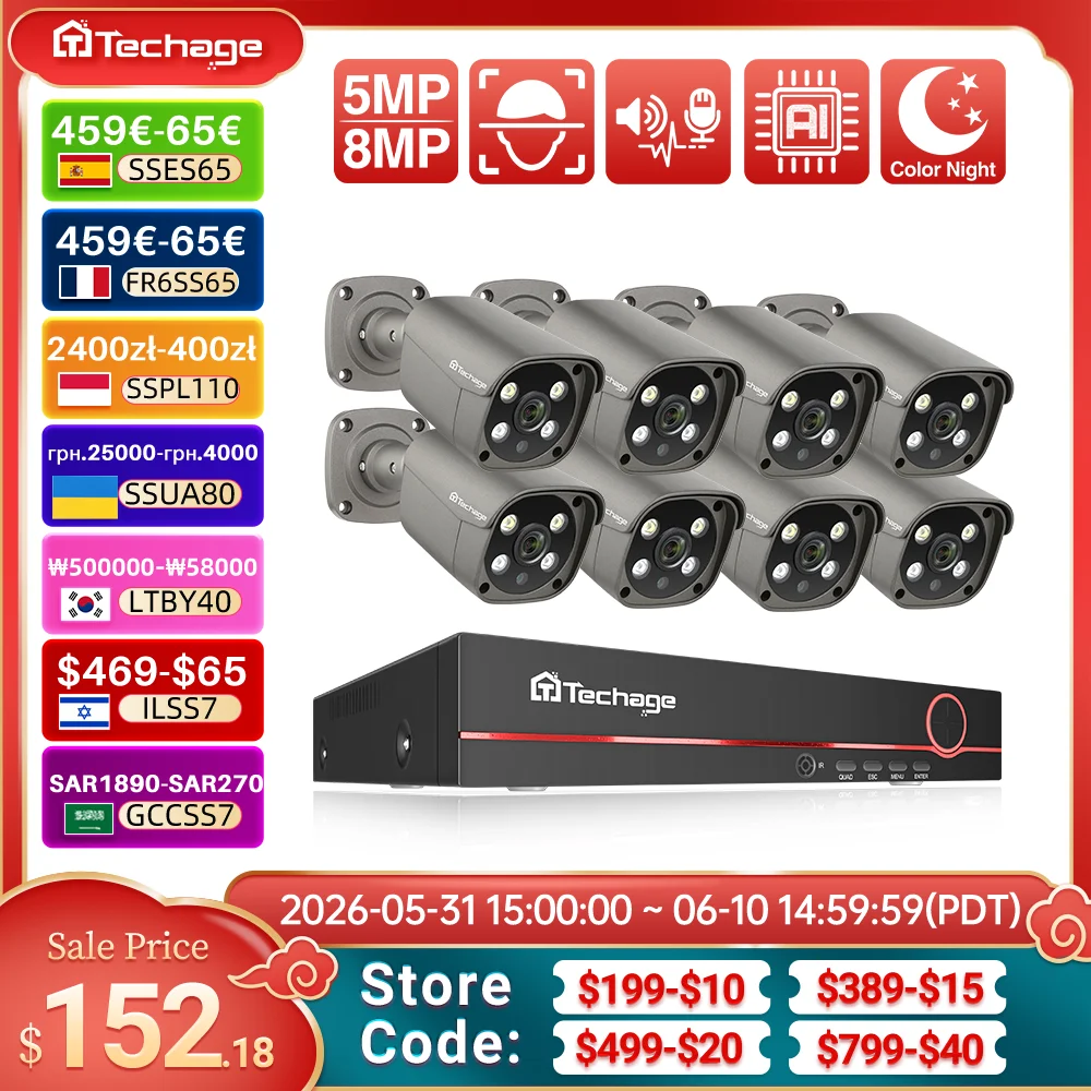 

Techage H.265 8CH POE NVR 4K 1080P с 8-канальной 5-мегапиксельной камерой безопасности с двухсторонней аудиосвязью, обнаружением