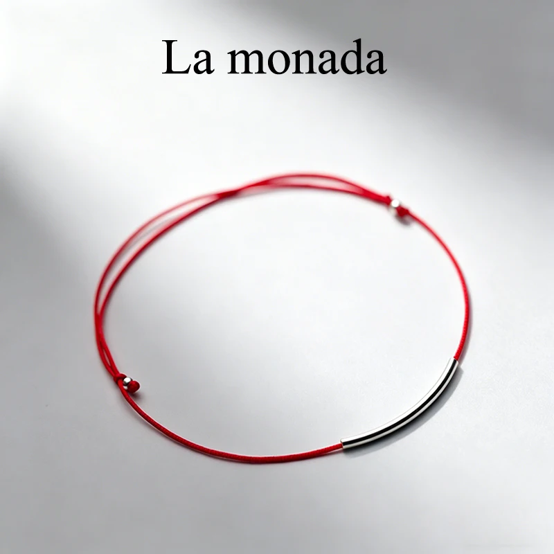 

925 Sterling Silver Curved Tube Red String Bracelet Adjustable 14-20cm 18-32cm Minimalist Handmade Lucky Bracelet for Women Men