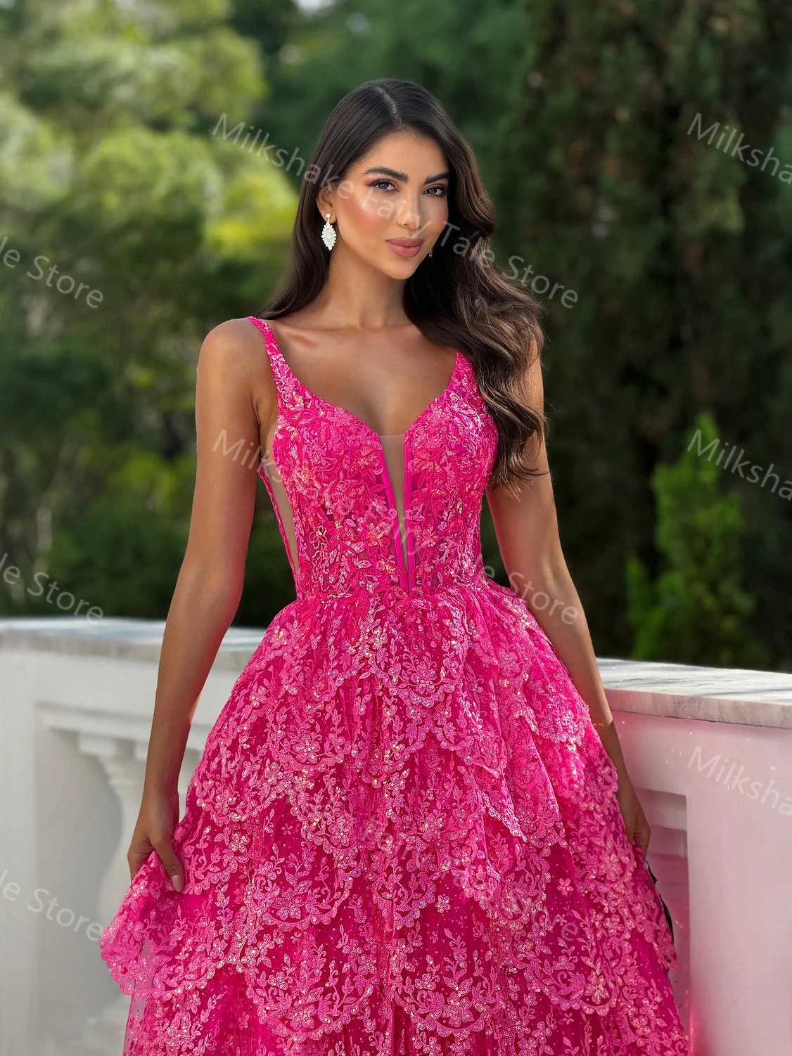 Glamorous Fuchsia Prom Dresses Glitter Lace Sleeveless Evening Dresses Tiered Sweep Train Customized vestido elegantes de fiesta - view 6