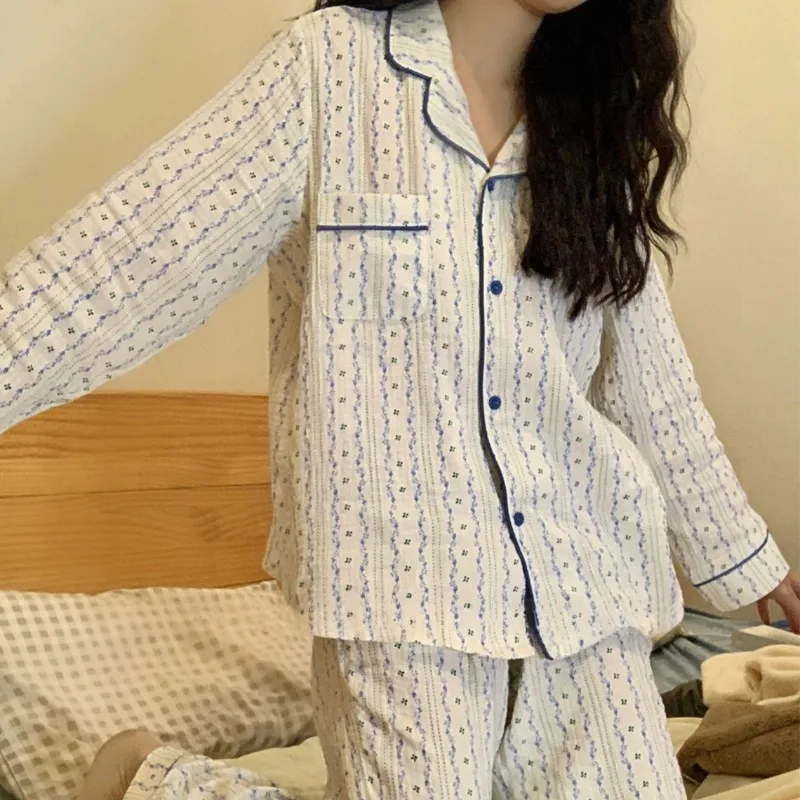 Ins Sweet Pajama Sets Women Pjs Flower Print Turn-down Collar Autumn Home Soft Korean Style Cozy Sleepwear Leisure Students Lady