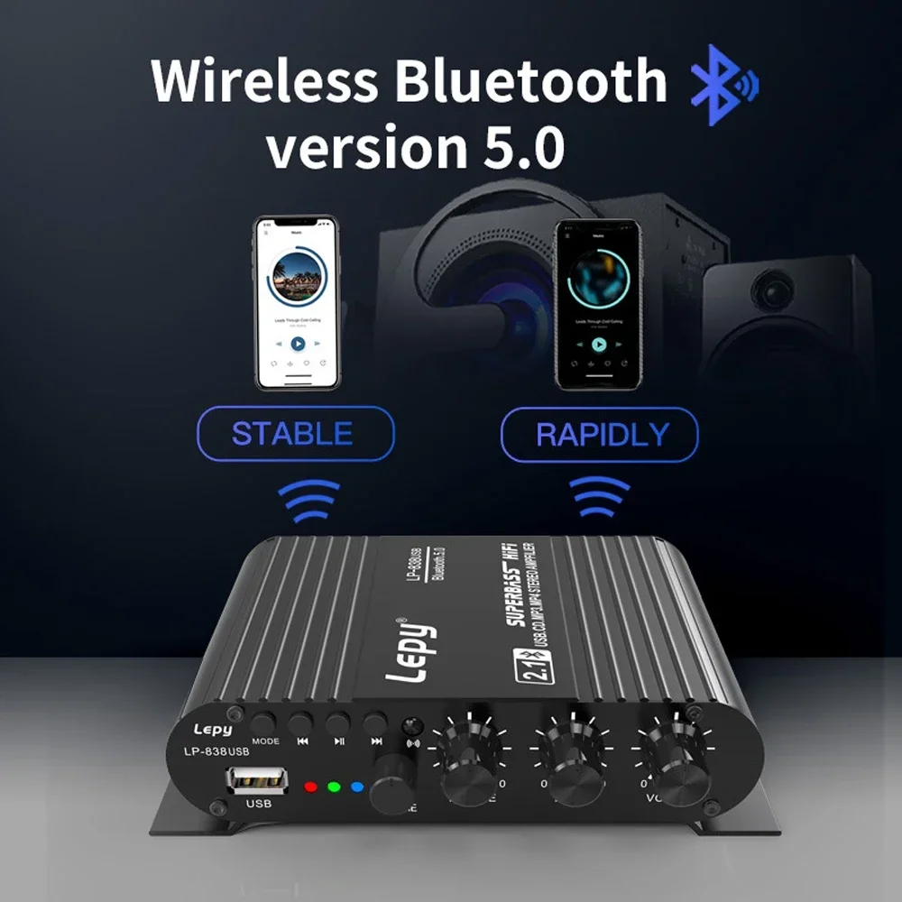 المنزل HIFI مكبر للصوت 2.1 قناة LP-838 USB بلوتوث 5.0 مكبرات الصوت سيارة أمبير دعم مدخل USB لمكبرات الصوت 4-8 أوم DC12V