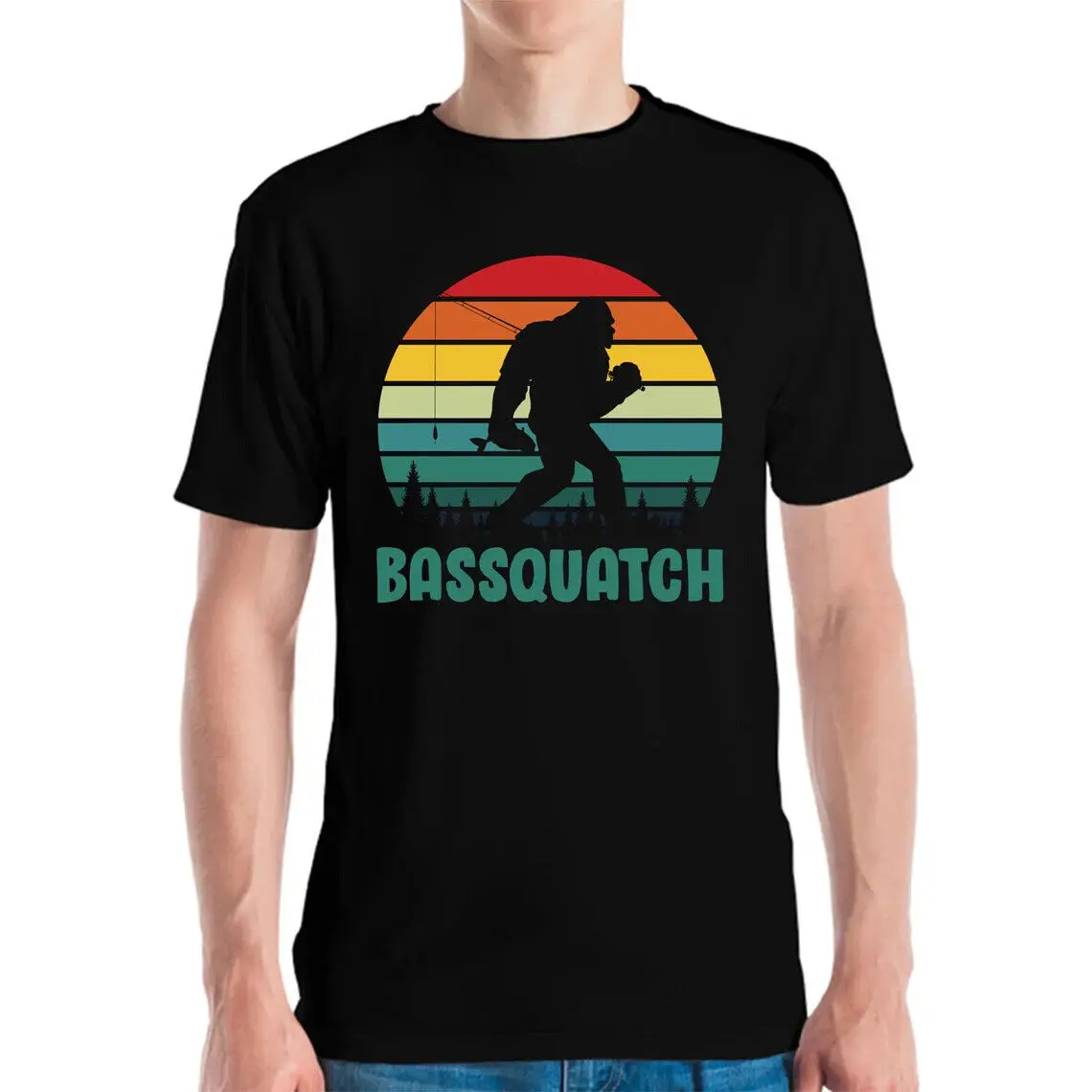 Funny Bigfoot Bass Night Happiness Fishing Alone Bassquach T-Shirt Men Women