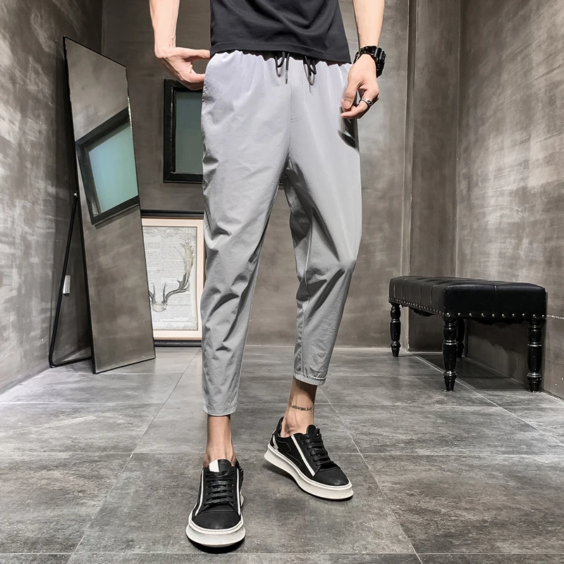 Slim Fit Summer Thin Casual Pants for Men Nine Points Korean Style Trendy Brand Baggie Pocket No Ironing Process Nylon Spandex