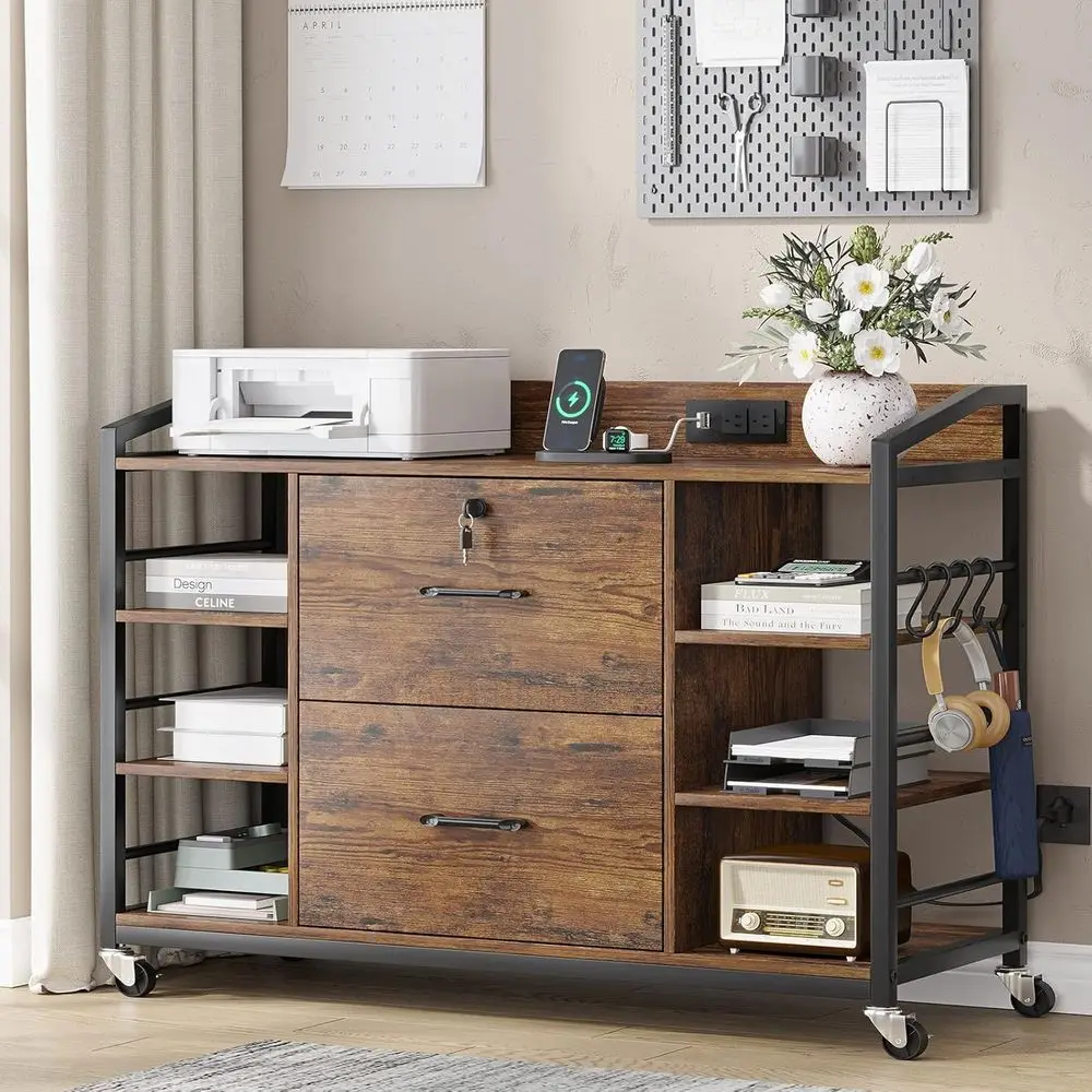 

44" File Cabinet, Filing Cabinet fits Legal/Letter Size, 2 Drawer File Cabinets for Home Office with Lock, Power Strip, 6 Storag