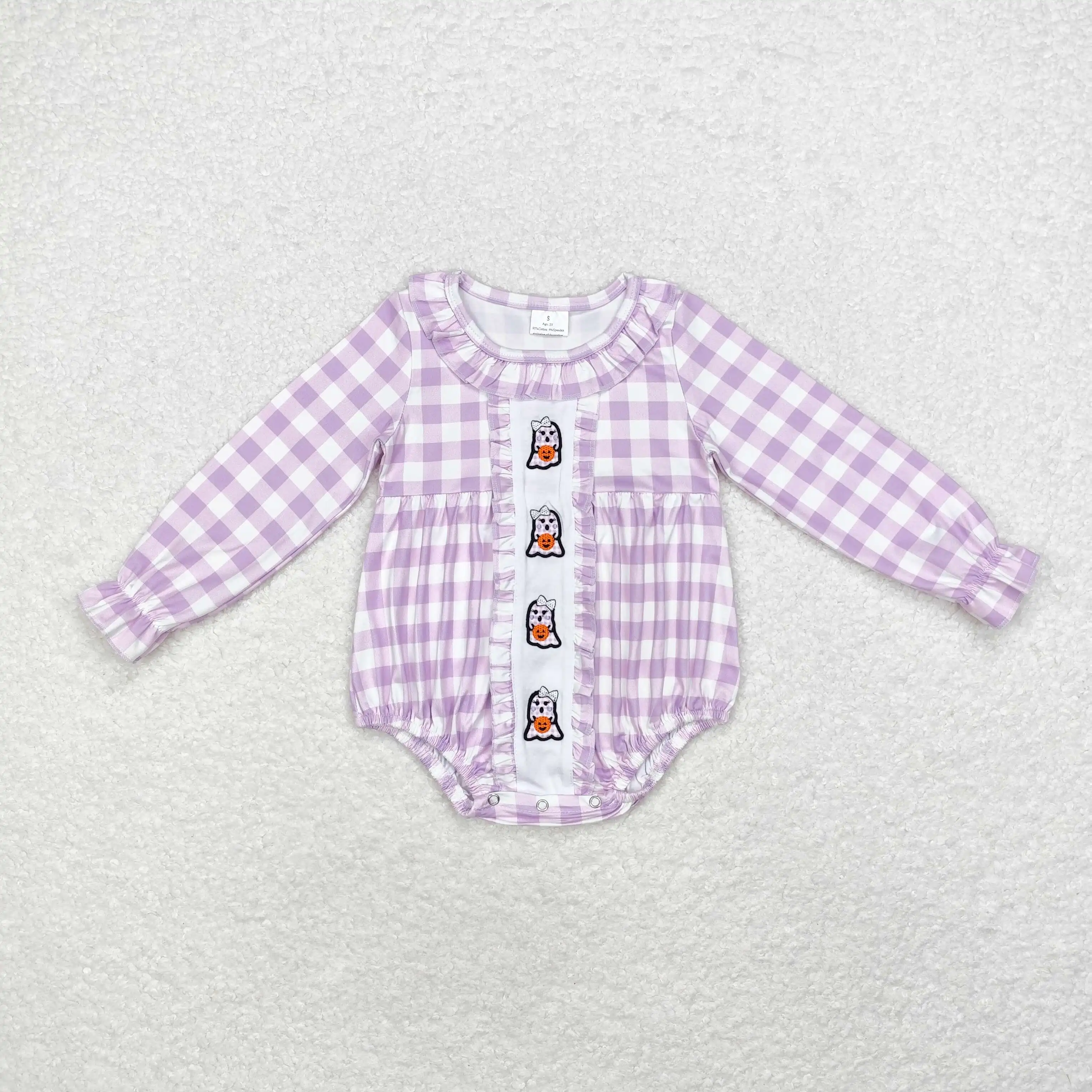 LR1299Fashionable Baby Girl Clothes Long Sleeves Embroidery Ghost Pumpkin Purple Plaid Print  With Jumpsuit Children Clothes Rts