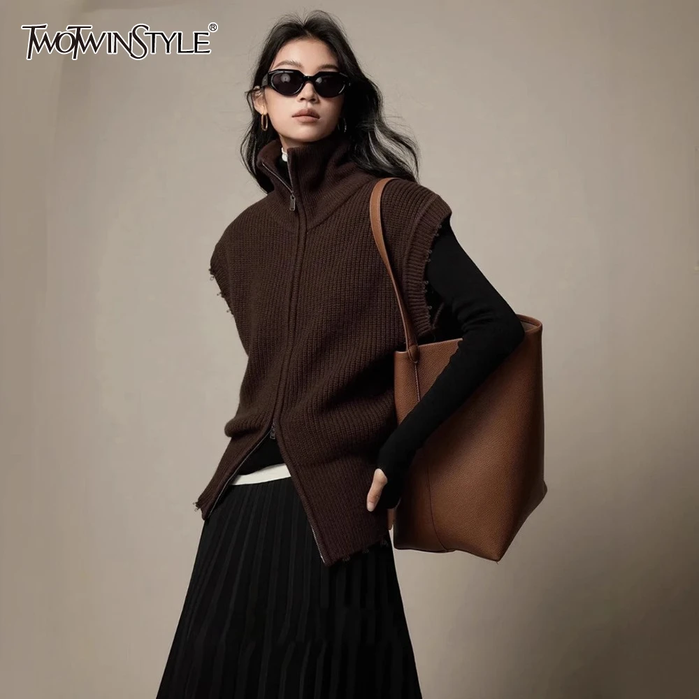 

TWOTWINSTYLE Solid Loose Fashion Tank Top for Women Stand Neck Short Sleeve Patchwork Zipper Vest Female Minimalism Clothing