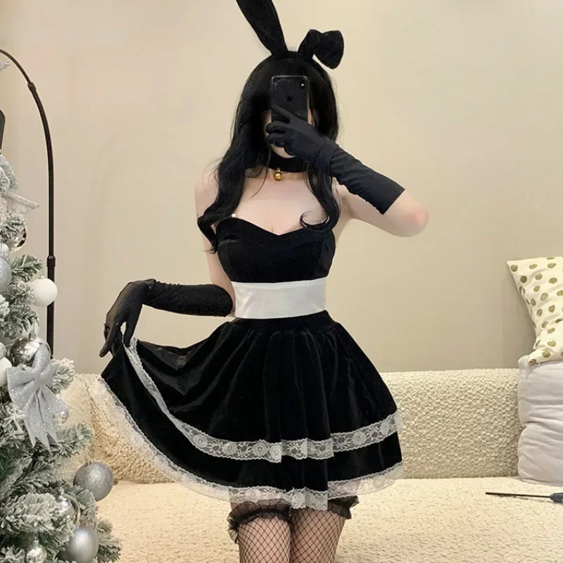 Kerstjurk Sexy Zwart-wit Bunny Cosplay Kerstjurk Korte Zwarte Kostuumriem met Handschoenhals Tiara Halloween