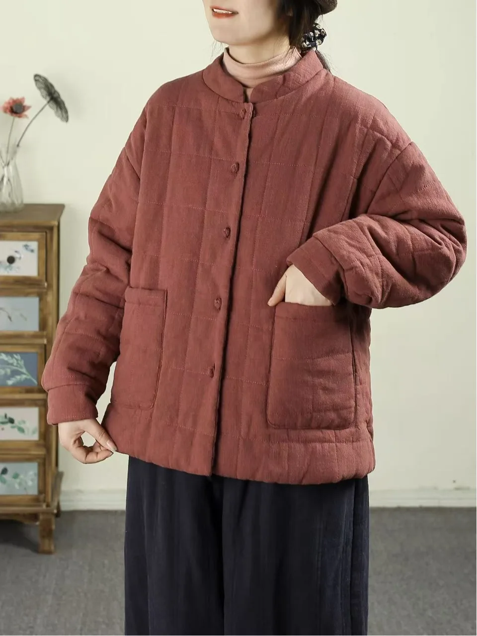 Warm Cotton Jaet Retro Sle Stand Collar Buttoned Coat Thiened Winter Outerwear for Women Brand Label Removed