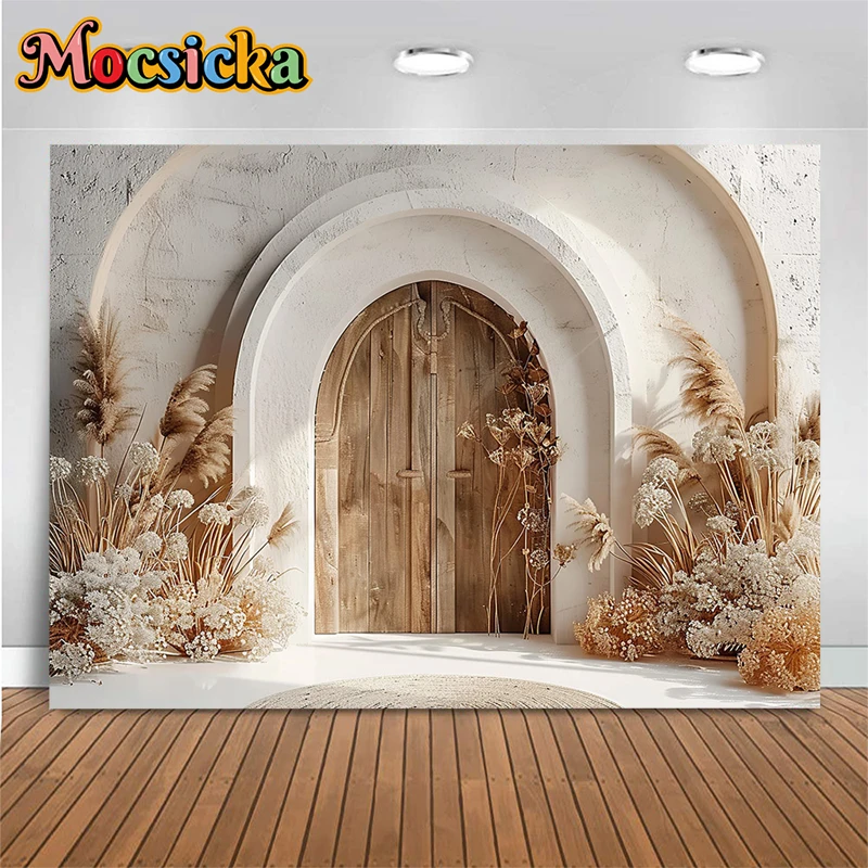 Mocsicka Wooden Door Background For Photography White Wall Flower Plant Potted Plant Photo Studio Backdrop Decoration Photozone