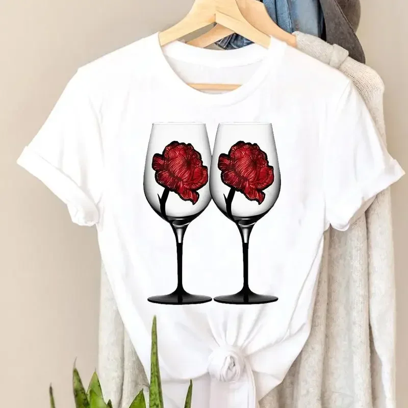 Fashion Trend T Shirt Short Sleeve Tee Women Ladies T Shirt Top Wine Style Trend Printing Lady Print Travel Graphic T-Shirt