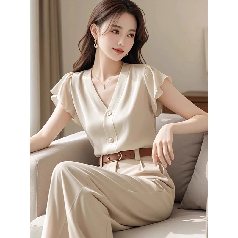 

Women Summer V-neck Temperament Solid Color Short Sleeve Simplicity Shirts Ladies Fashion Office Lady All-match Casual Tops