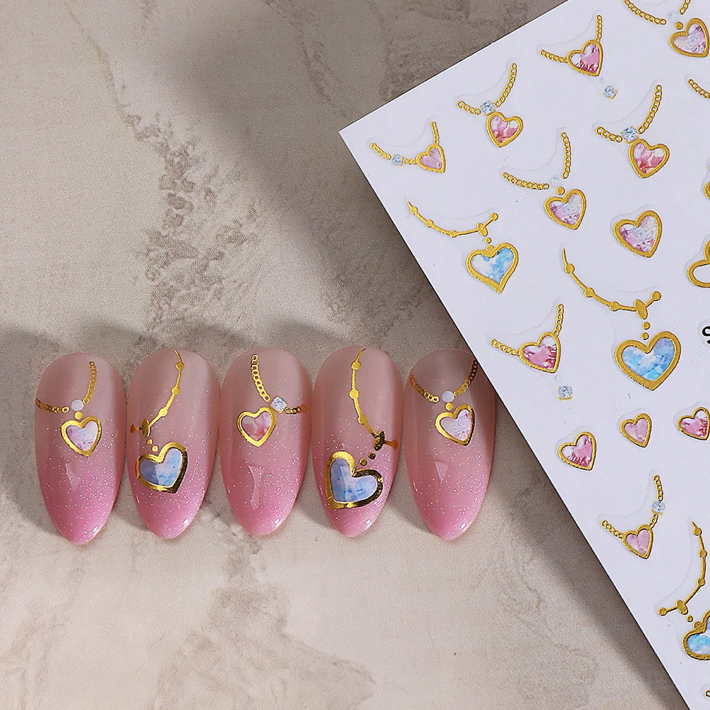1Pc 3D Hanging Love Heart Nail Art Stickers Gold Line Heart Self-adhesive Nail Slider Valentine's Day Manicure Decoration
