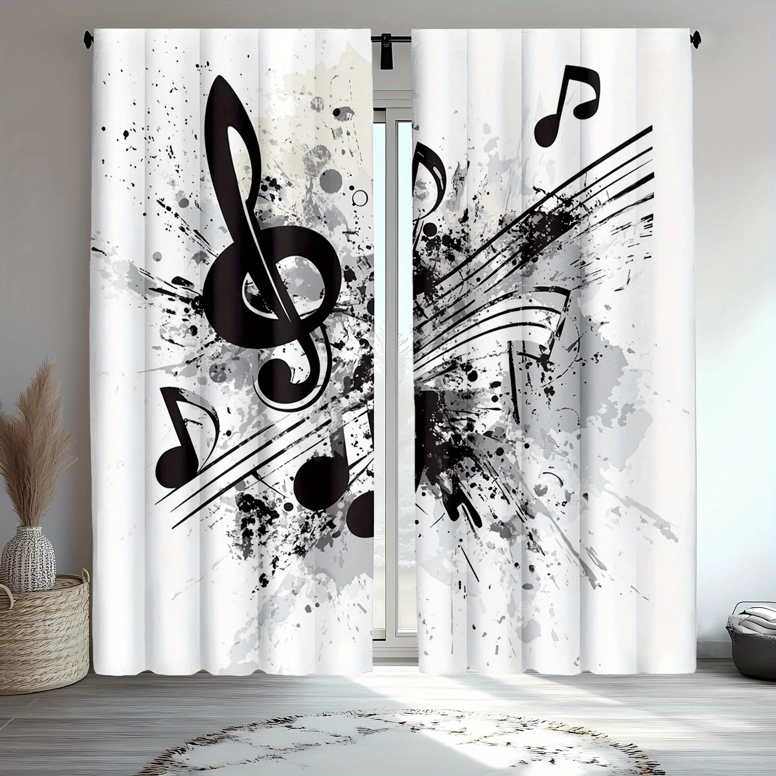 Modern Music Note Curtains, Black White Abstract Melody Drapes, Artistic Window Treatment for Living Room Studio Blackout Fabric