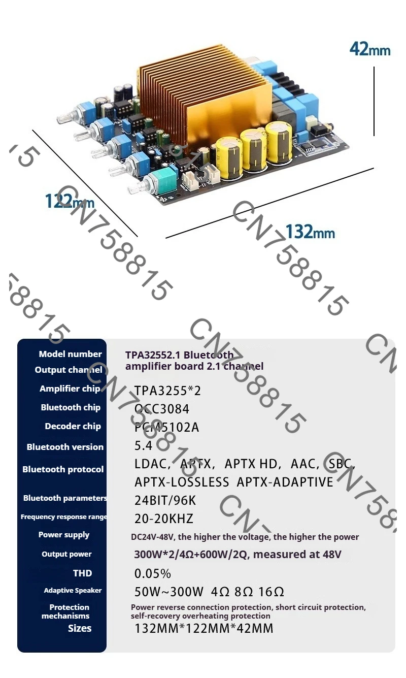 TPA3255+QCC3084 Bluetooth 5.4 HIFI 2.1 Subwoofer Amplifier Board 300W*2+600W with PCM5102A Decode 96K LDAC 24V-48V