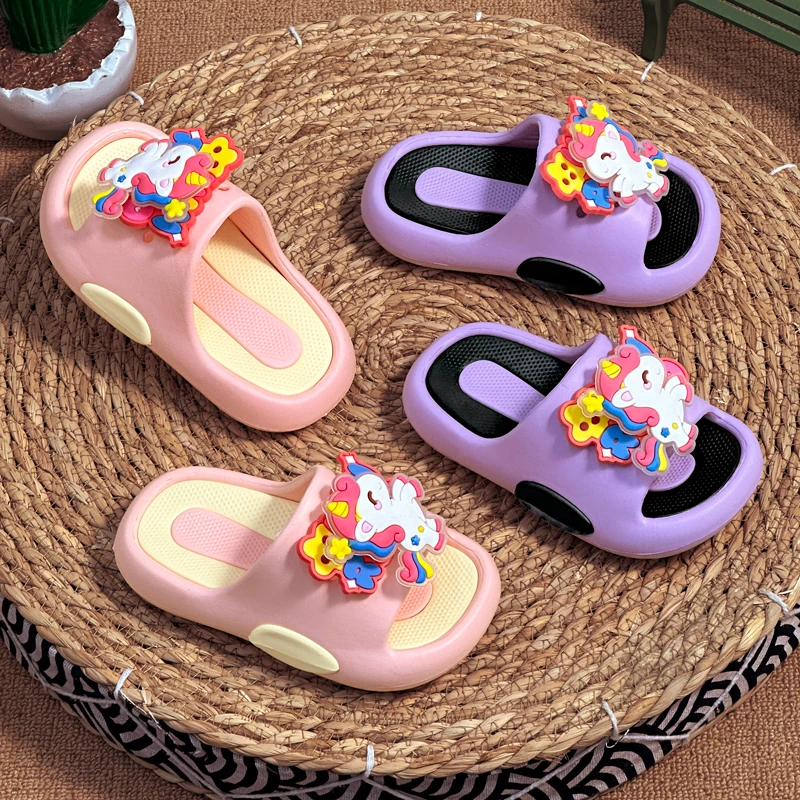 

Летние милые вращающиеся тапочки с единорогами для девочек, нескользящие шлепанцы на мягкой и толстой подошве для малышей, детская обувь без шнуровки