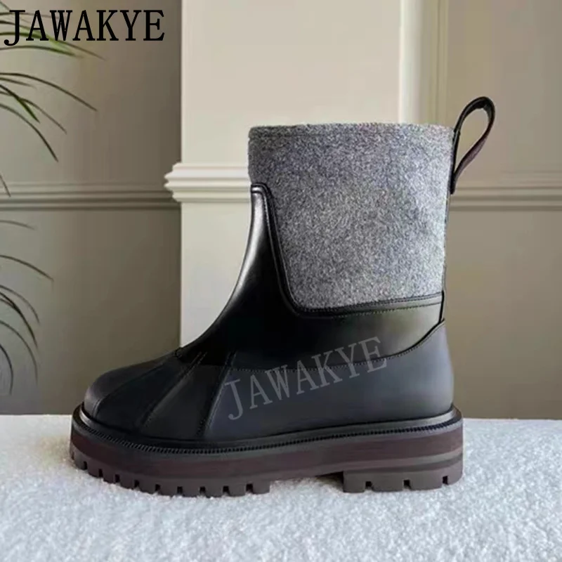 Popular Brand Woolen Snow Boots Winter Flat Platform Ankle Boots Color Blocking Leather Patchwork Chelsea Boots Botas Mujer