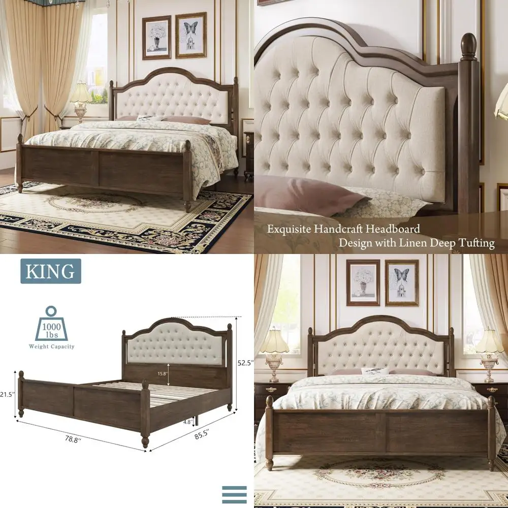 King Size Solid Rubberwood Platform Bed Frame with Upholstered Tufted Linen Headboard - No Box Spring Required