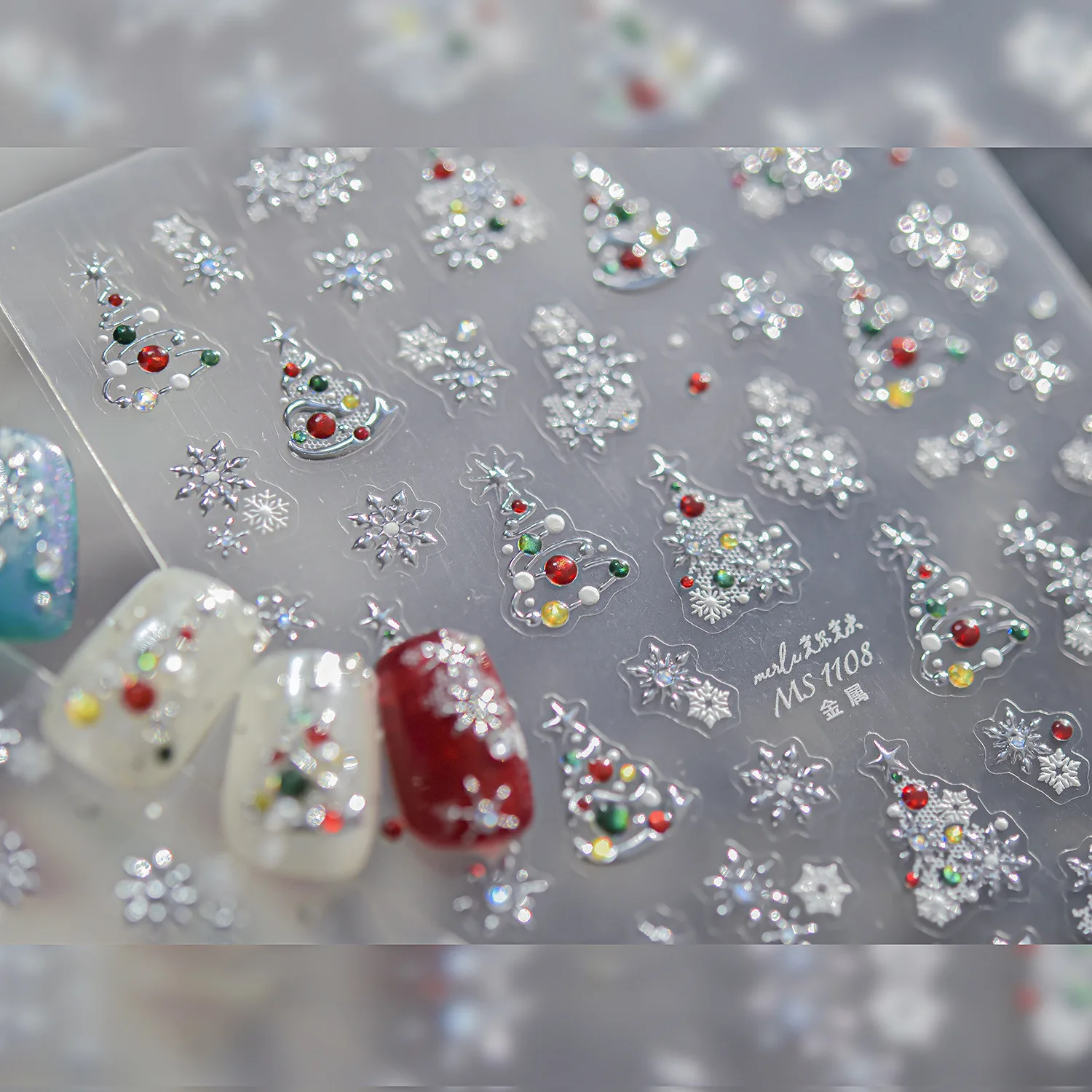 Ice Snow 5D Nail Stickers Metal Christmas Tree Hollow Cutout Multi‑Layer Snowflake Starburst Hot Silver Manicure Holiday Nail