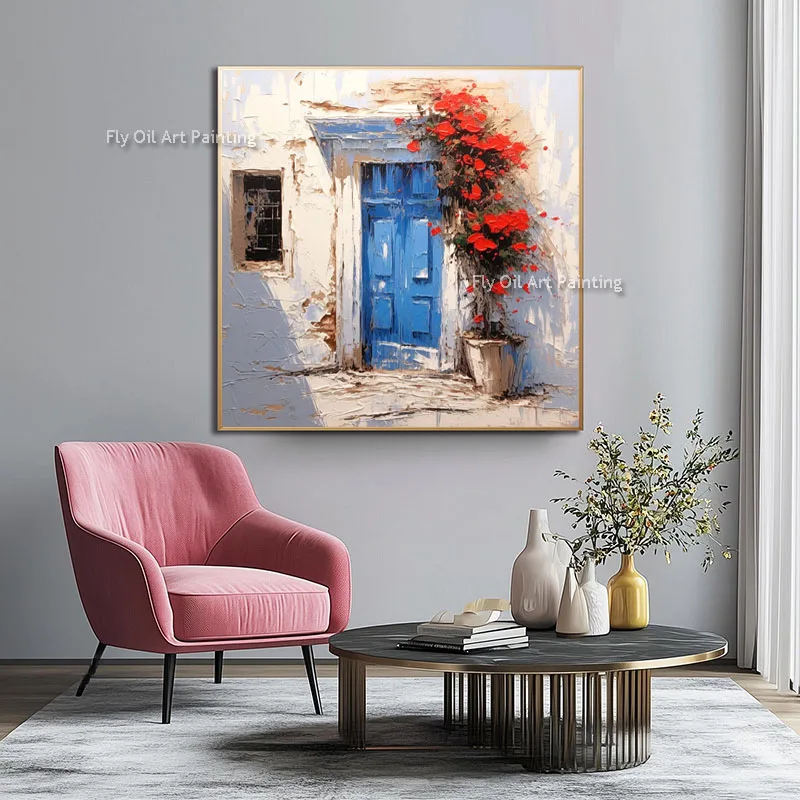Hand Painted Thick Impasto Oil Painting, Santorini Blue Door Red Bougainvillea Mediterranean Wall Art for Living Room Decor
