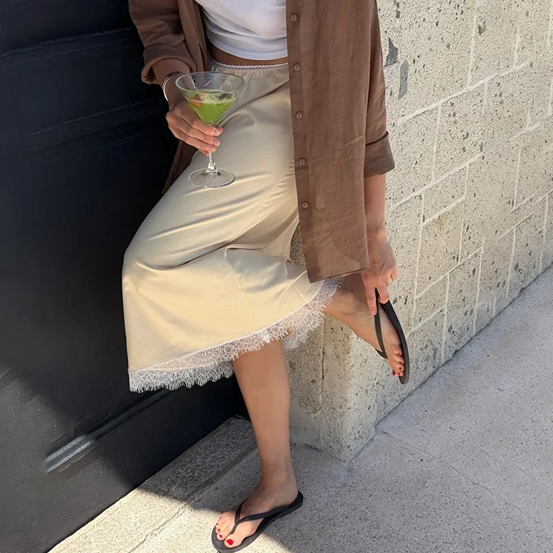 Splice Lace Straight Skirt For Women High Waist Casual Long Skirt Fashion Slim Club Party Clothes 2025 New Commuting
