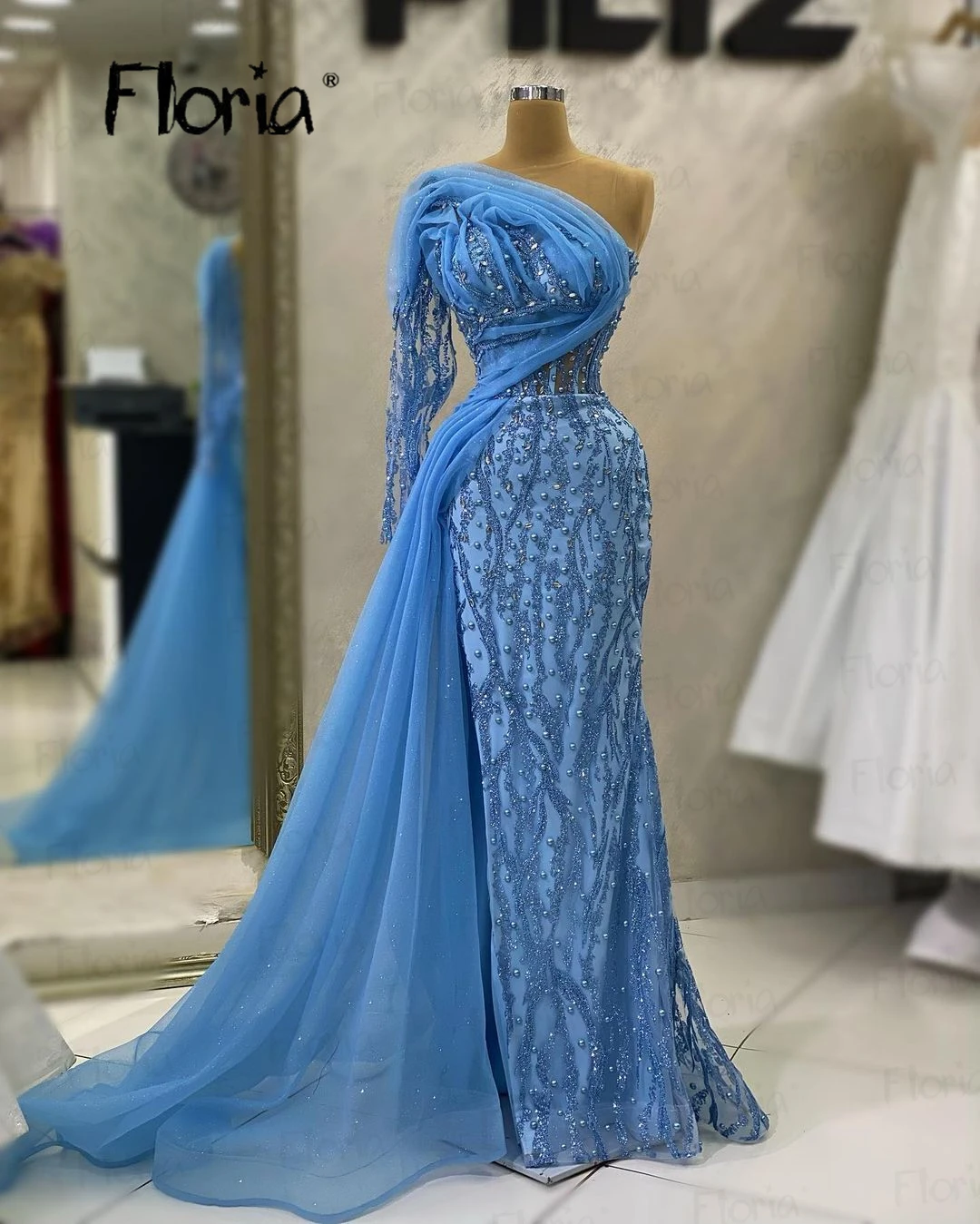 Dubai Elegant Blue Long Celebrity Dresses Single Sleeve Luxury Beaded Evening Dinner Gowns Wedding Party Gowns Plus Size