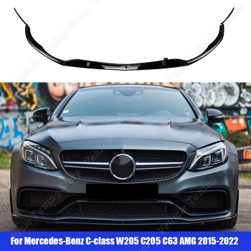 Car Front Bumper Lip Diffuser Spoiler Gloss Black For Mercedes-Benz C-class W205 C205 C63 C63s Only AMG 2015-2022 Gloss Black