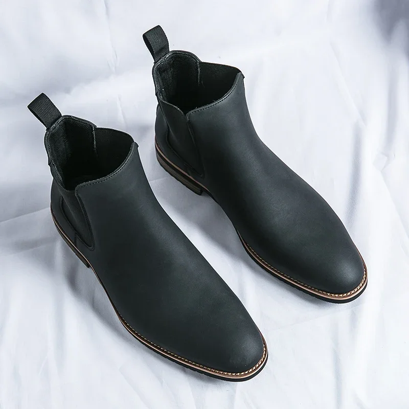 New Black Chelsea Boots for Men Business Ankle Boots Yellow Round Toe Slip-On Men Short Boots Size 38-46