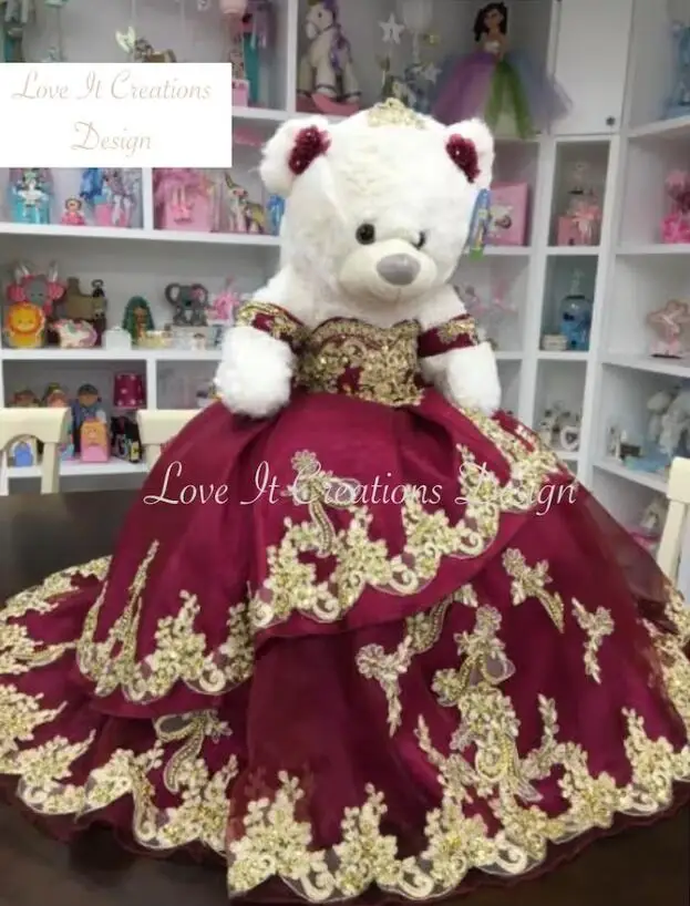 Burgundy Personalized Quinceanera Teddy Bear Dress Gold Lace Applique Beaded Custom Made Little Teddy Bear Dress