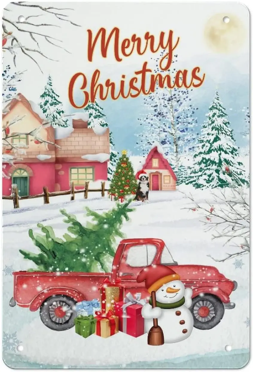 Merry Christmas Snowman รถบรรทุกสีแดงป้ายพวงหรีดฤดูหนาวอลูมิเนียมดีบุกป้าย Xmas Holiday Wall Plaque วันหยุดฤดูหนาวคริสต์มาส Retro G